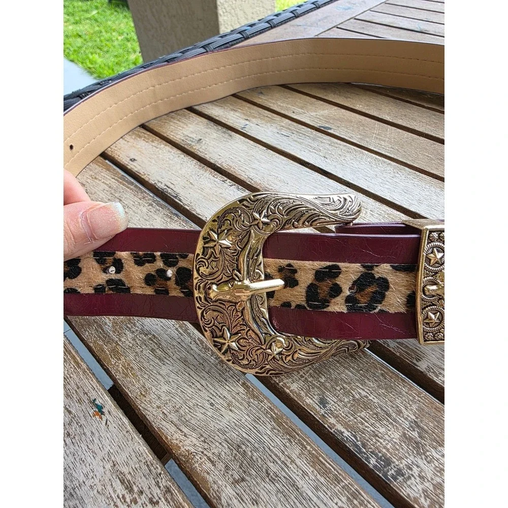 Western Burgundy Leopard Print Calf Hair Belt Gold Engraved Longhorn Buckle Wide